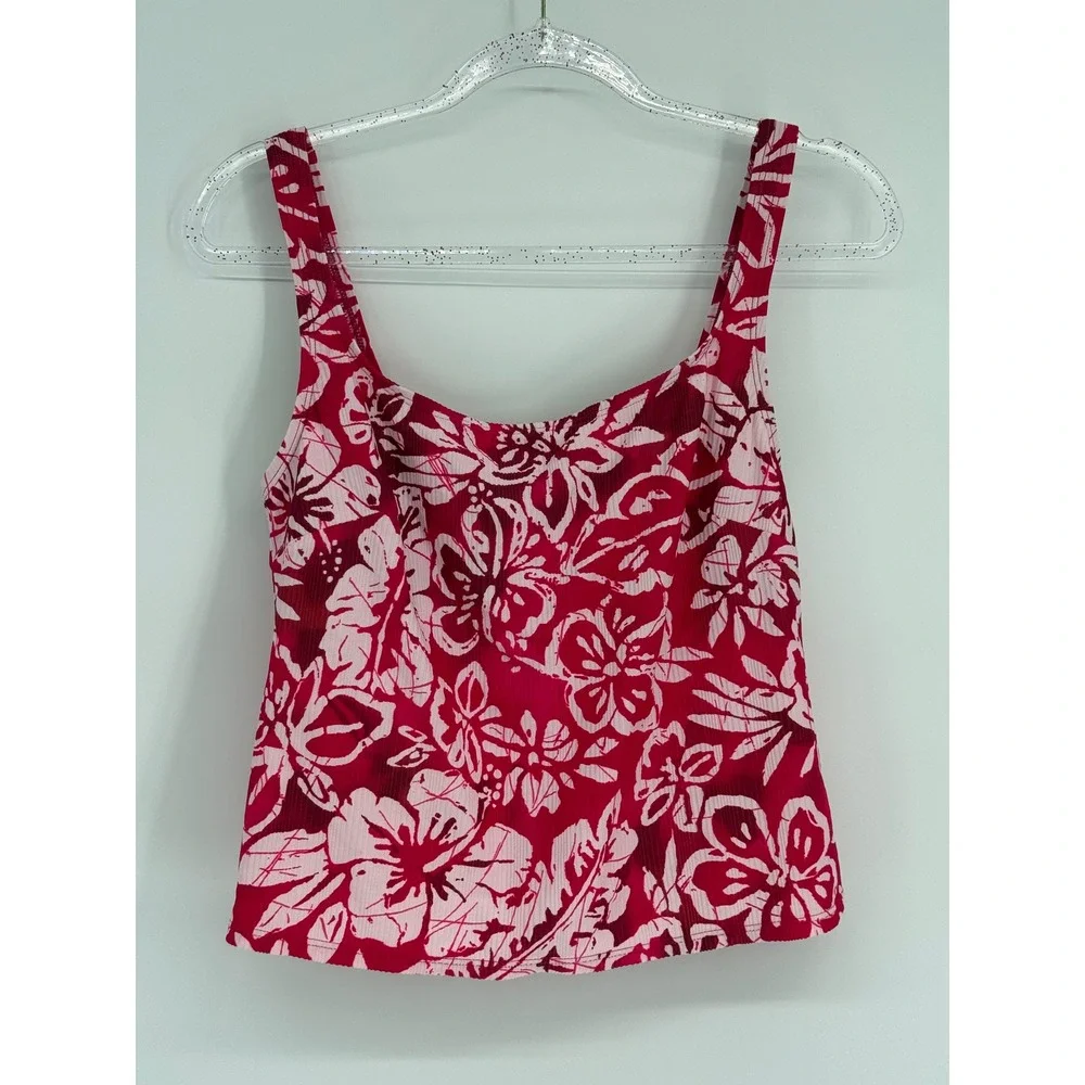 Cole of California Pink Red Floral Ribbed Tankini Top Square‎ Neck Sz 14